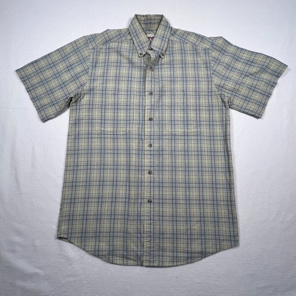 Wrangler Rugged‎ Wear Button Up Short Sleeve Medium Plaid Green Blue